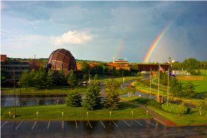 Campus with a rainbow overhead
