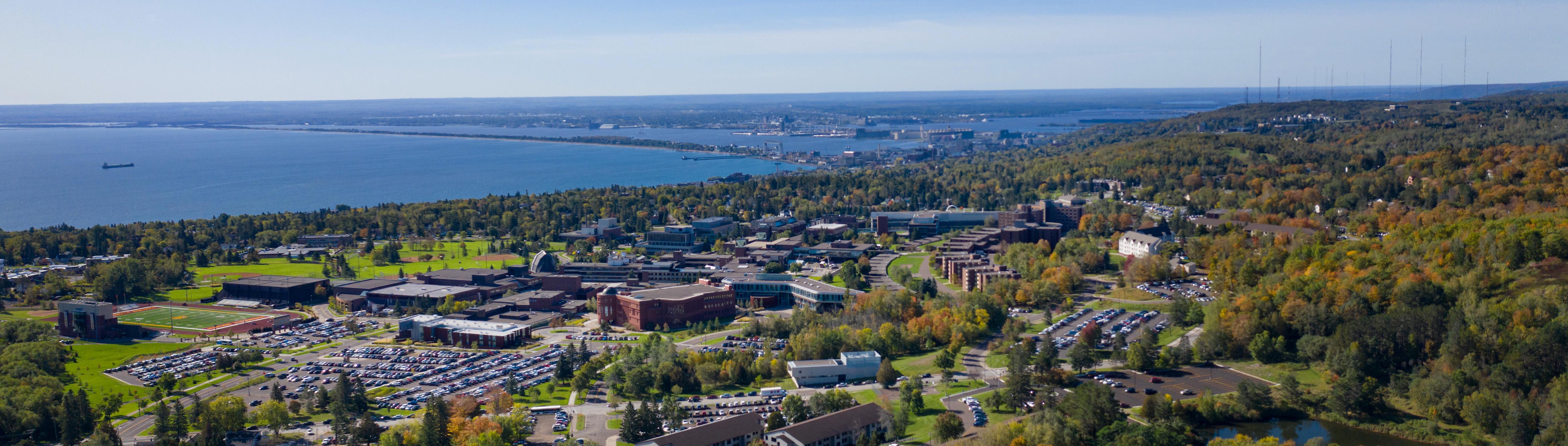 CAmpus photo from drone overlooking lake superior